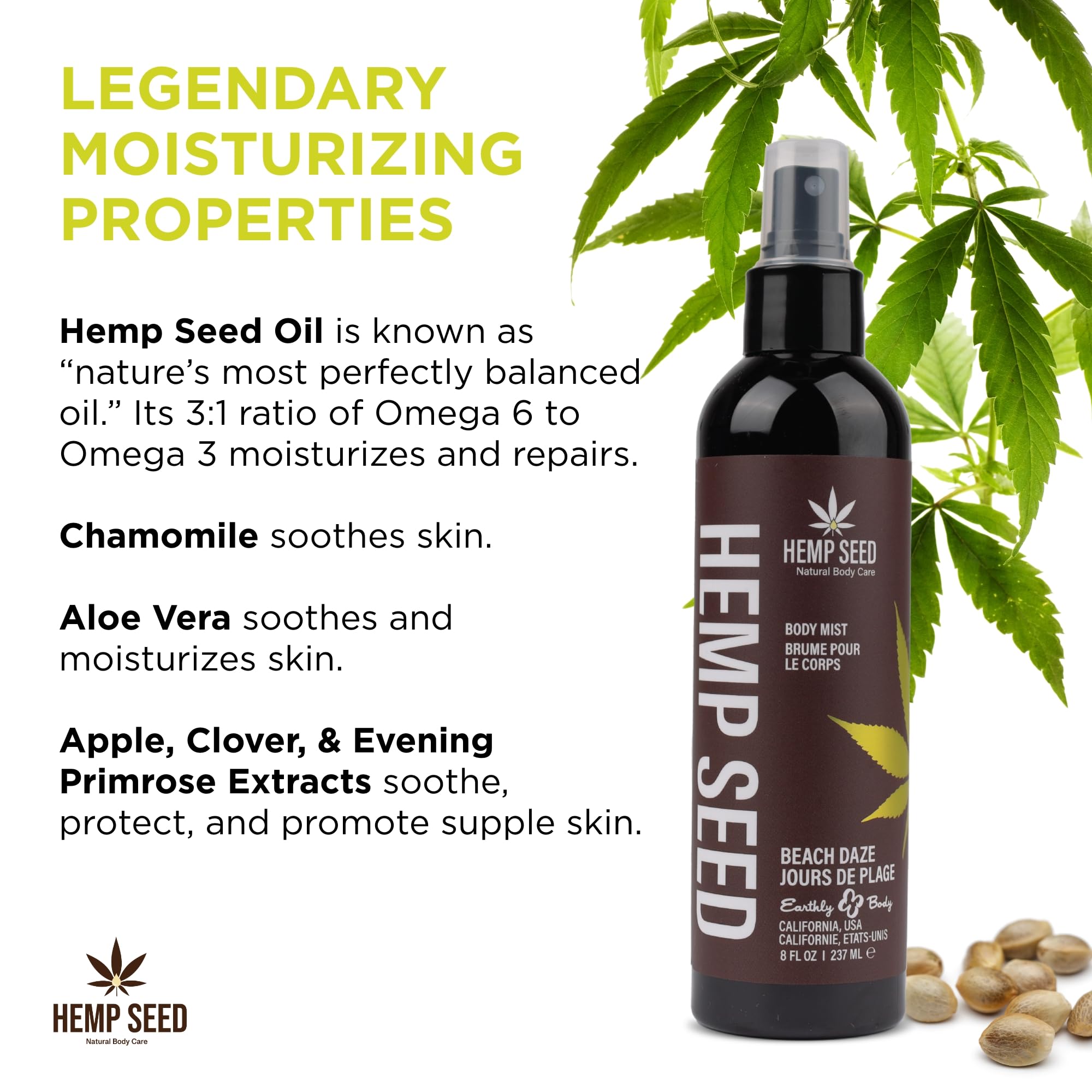 Earthly Body Hemp Seed mist with chamomile calms sensitive skin.