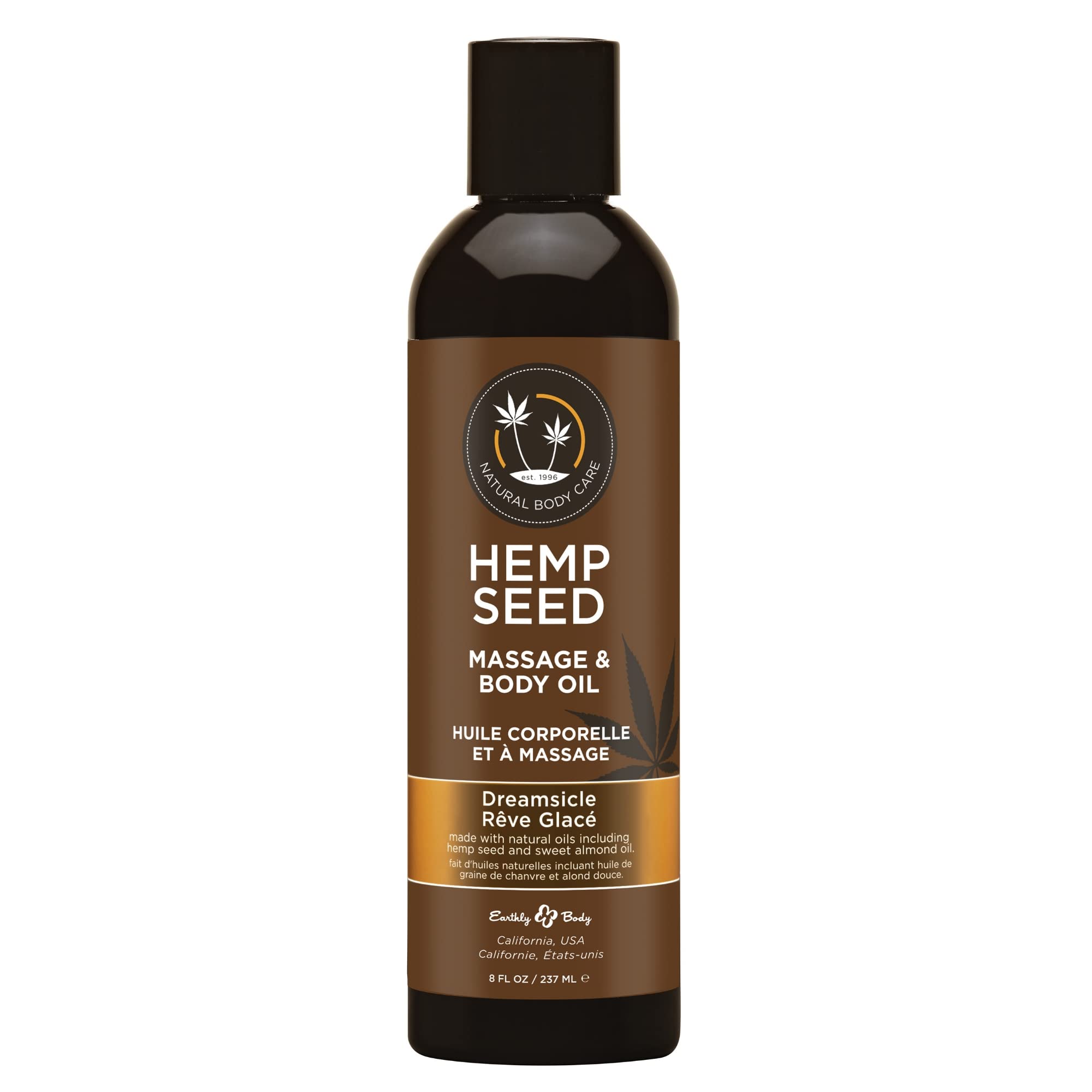 Earthly Body Dreamsicle massage oil bottle showing natural ingredients and calming slip.