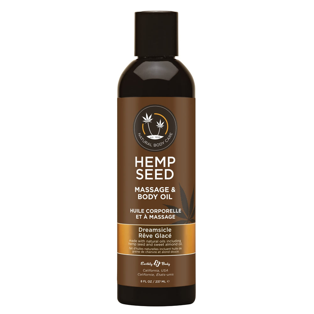 Earthly Body Dreamsicle massage oil bottle showing natural ingredients and calming slip.