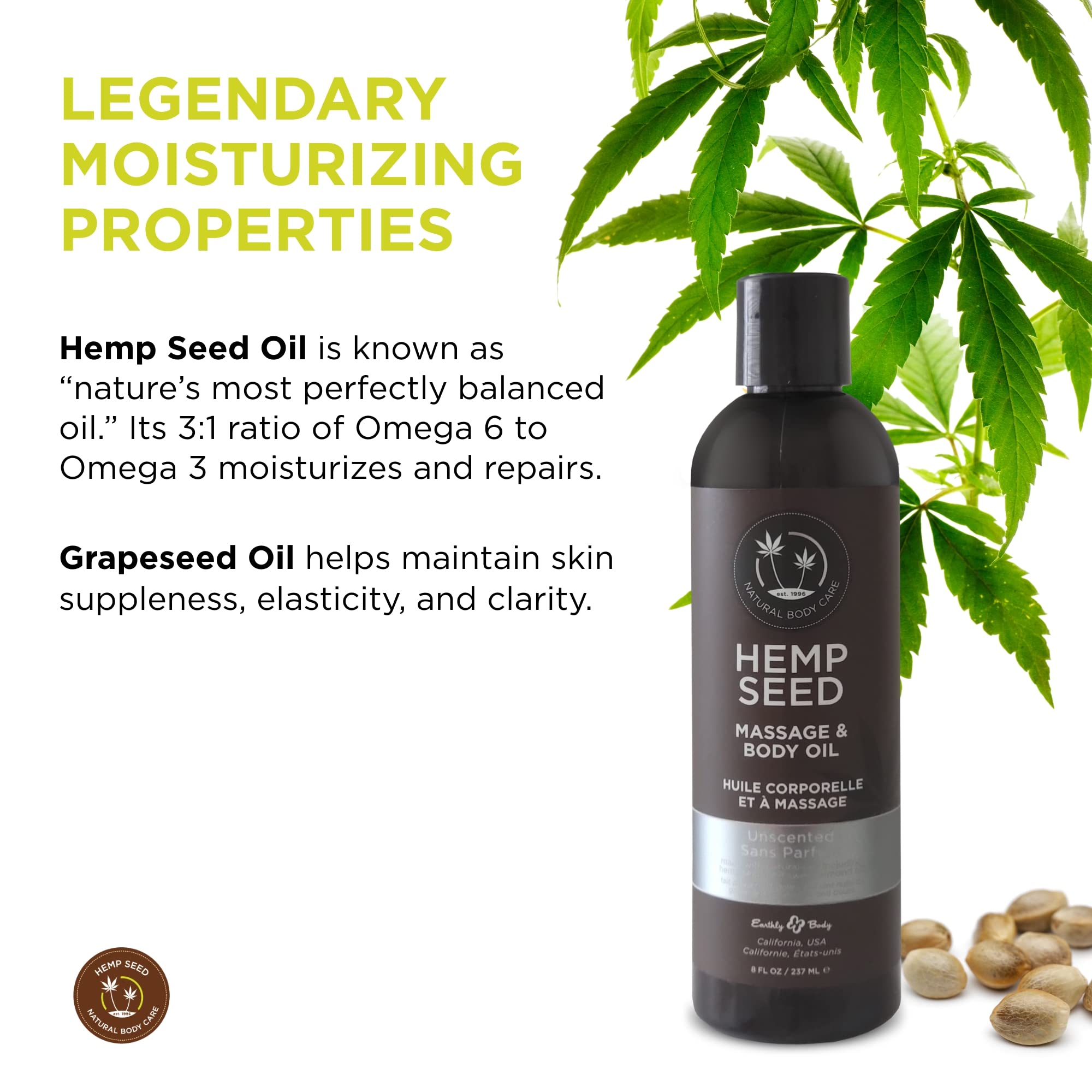Earthly Body Hemp Seed Apricot Grapeseed Blend showcases nourishing oil mix.