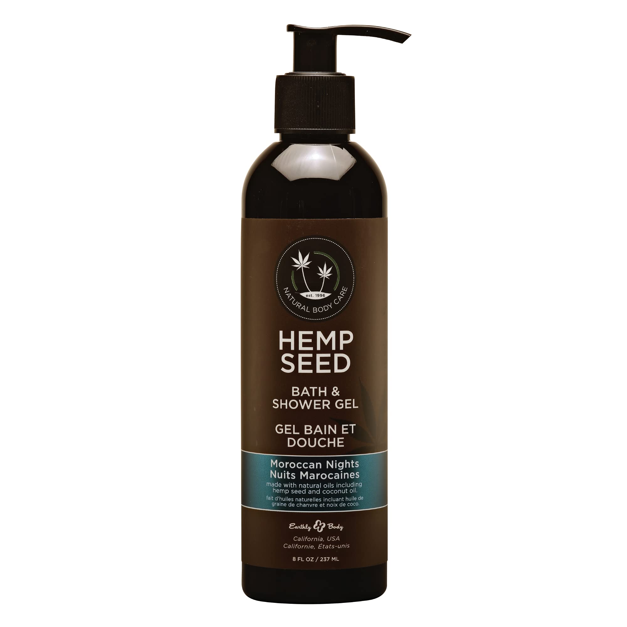 Earthly Body Hemp Seed Bath & Shower Gel Moroccan Nights label shows clean, moisturizing formula.