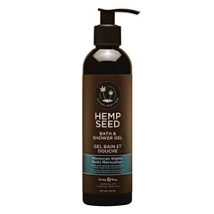 Earthly Body Hemp Seed Bath & Shower Gel Moroccan Nights label shows clean, moisturizing formula.