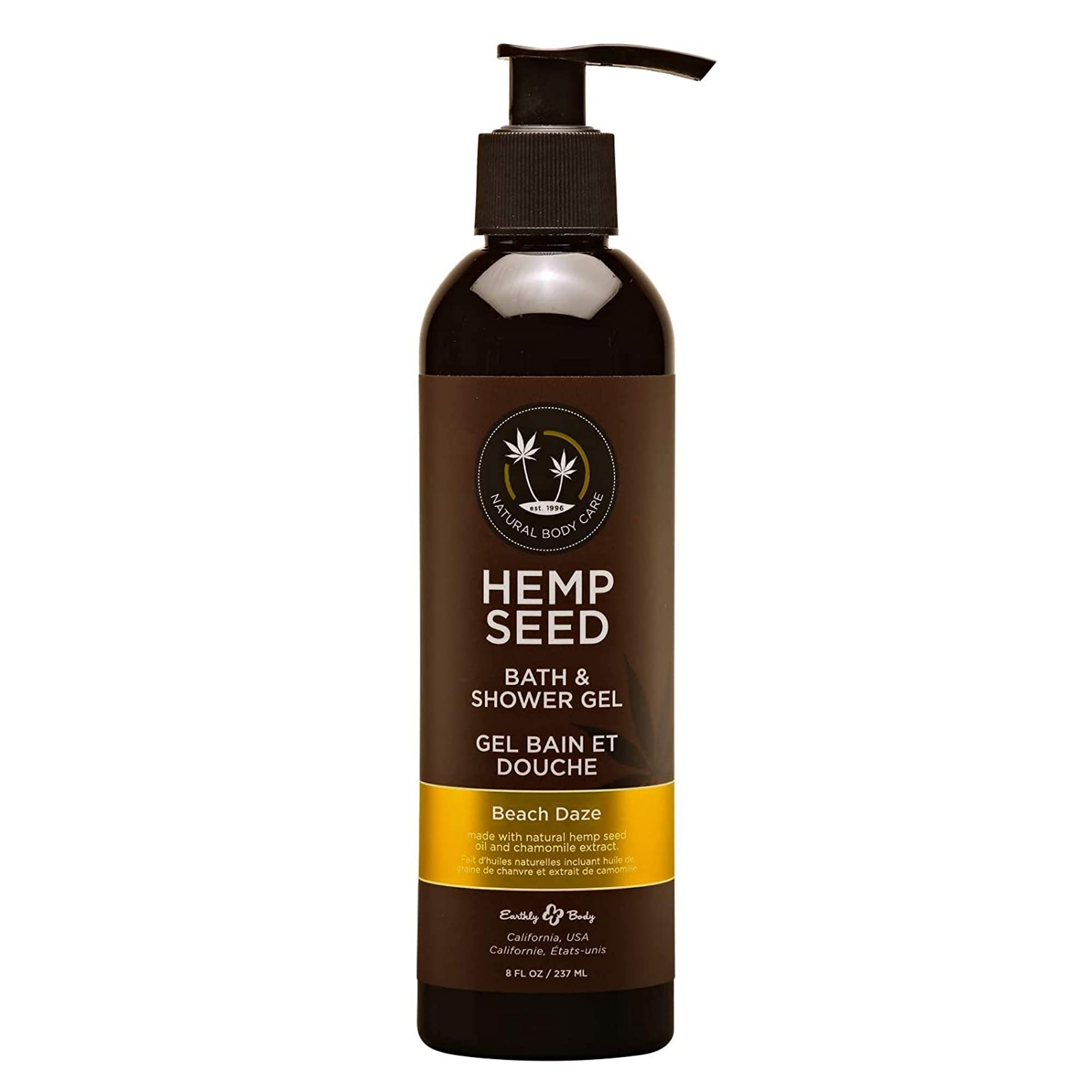 Earthly Body Hemp Seed Bath & Shower Gel Beach Daze bottle nourishes skin.