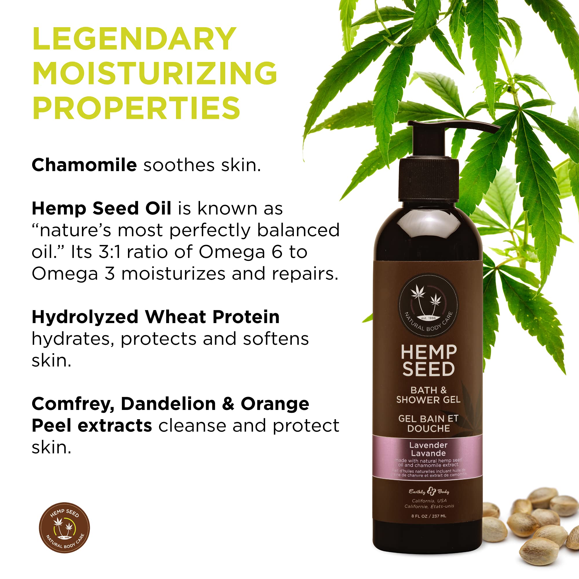 Earthly Body Hemp Seed Oil formula bottle with lavender scent for soothing skin