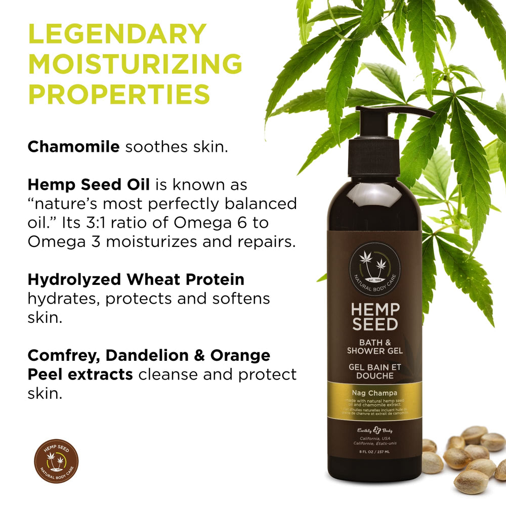 Earthly Body hemp seed oil nourishes skin while chamomile soothes the surface
