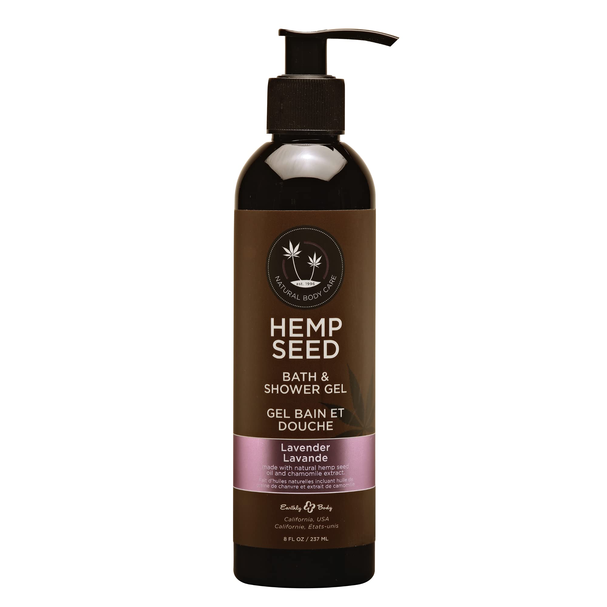 Earthly Body Hemp Seed Bath and Shower Gel lavender bottle for a moisturizing cleanse