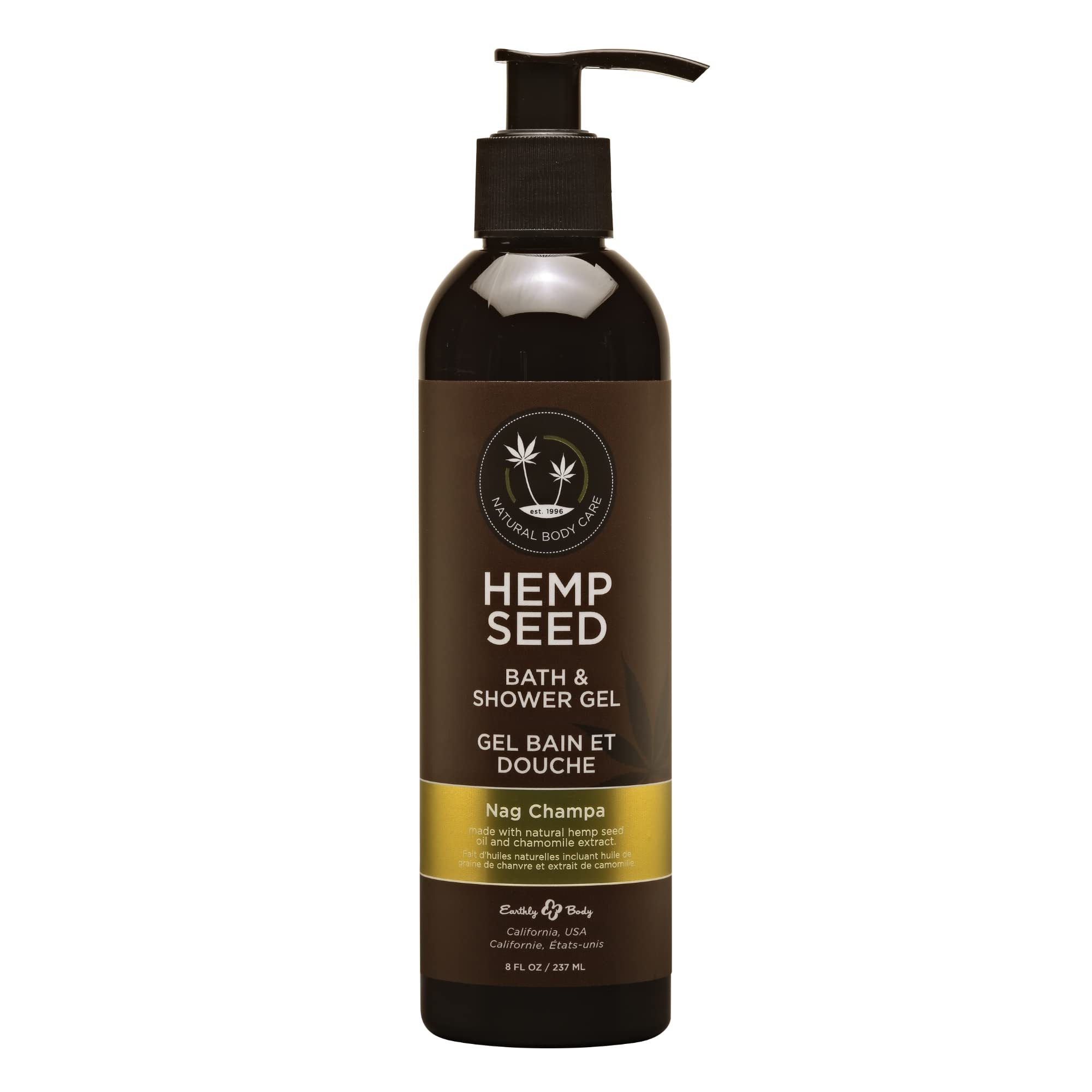 Earthly Body Hemp Seed Bath & Shower Gel bottle with Nag Champa fragrance, nourishing cleanse