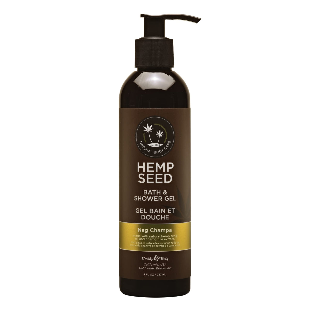 Earthly Body Hemp Seed Bath & Shower Gel bottle with Nag Champa fragrance, nourishing cleanse