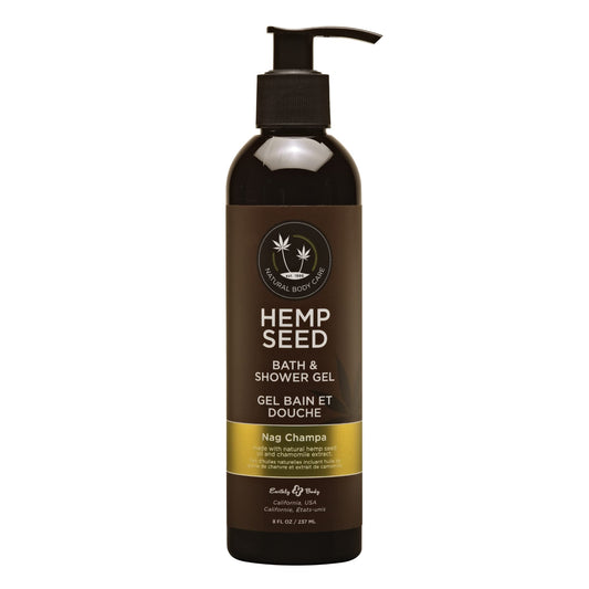 Earthly Body Hemp Seed Bath & Shower Gel bottle with Nag Champa fragrance, nourishing cleanse