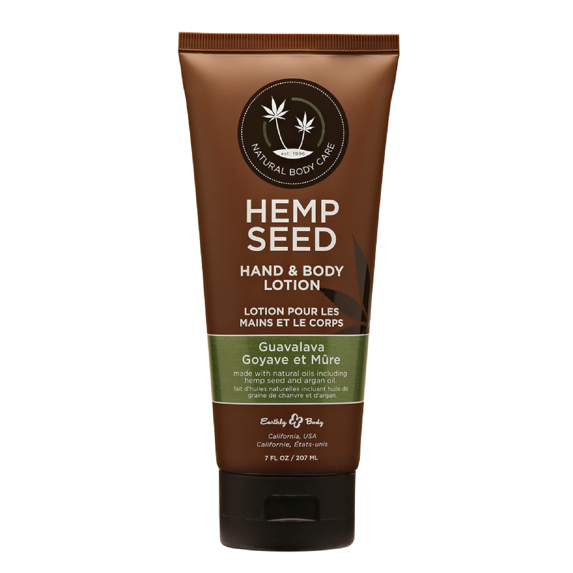 Earthly Body hemp seed lotion bottle with Guavalava scent for hydration.