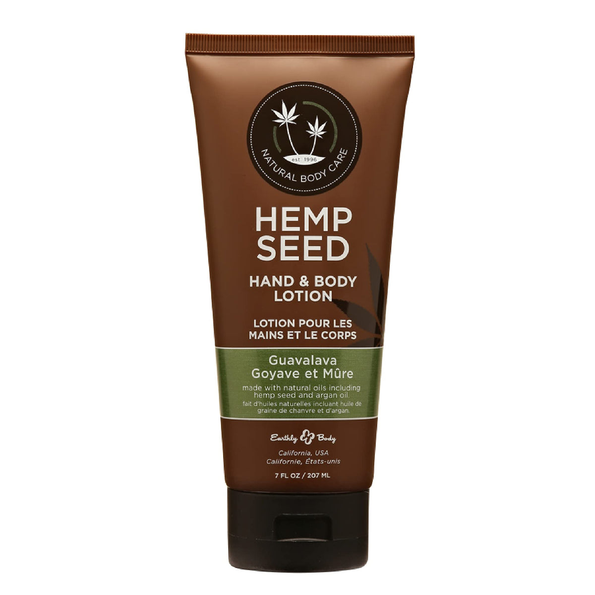 Earthly Body hemp seed lotion bottle with Guavalava scent for hydration.