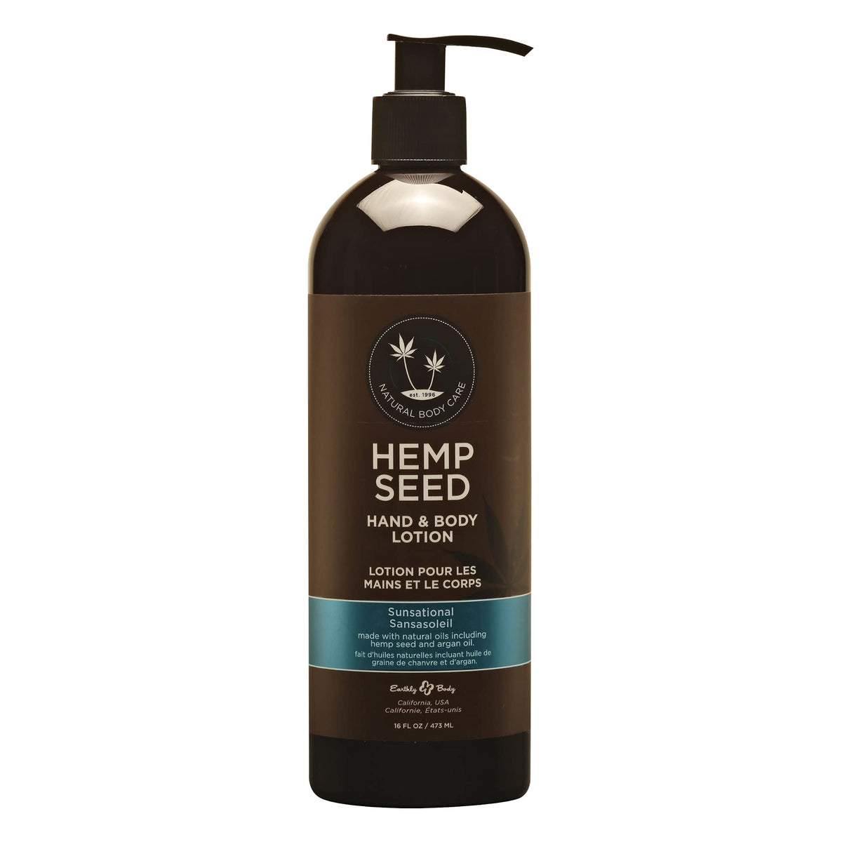 Earthly Body hemp seed lotion bottle demonstrates Sunsational scent for daily hydration.