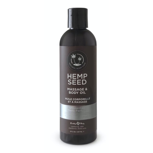 Earthly Body Hemp Seed Massage bottle pour shows smooth application and nourishment.