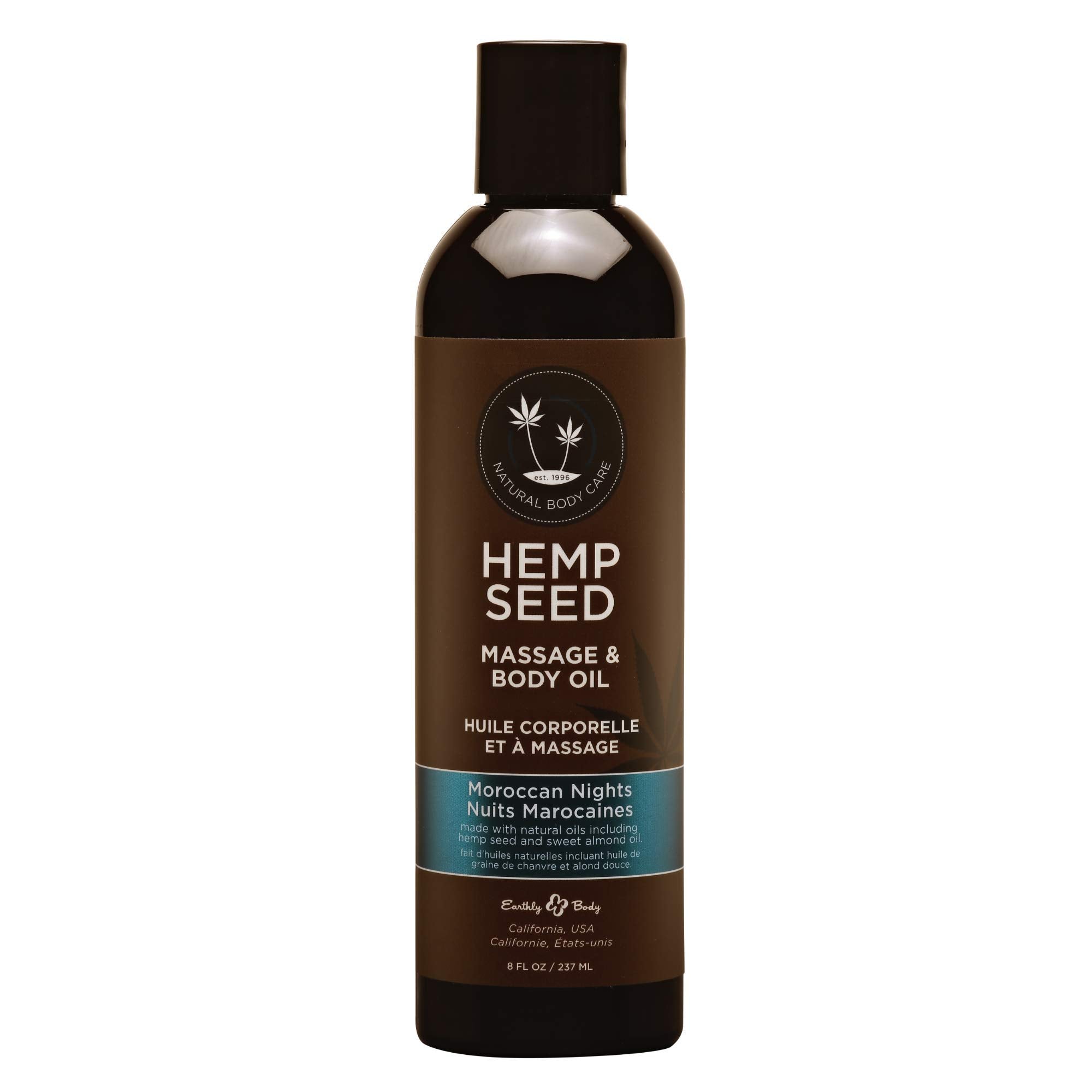 Earthly Body Hemp Seed Massage & Body Oil bottle in Moroccan Nights for a calming spa ritual.