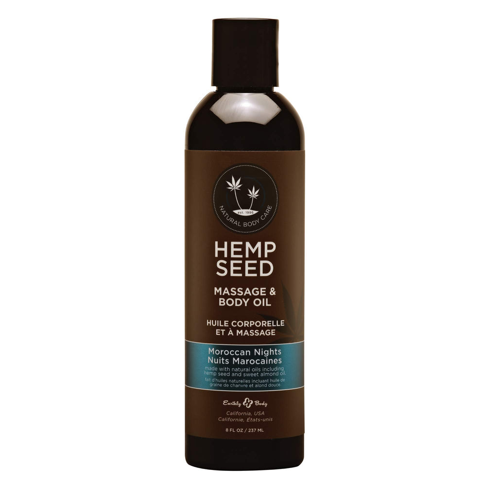 Earthly Body Hemp Seed Massage & Body Oil bottle in Moroccan Nights for a calming spa ritual.