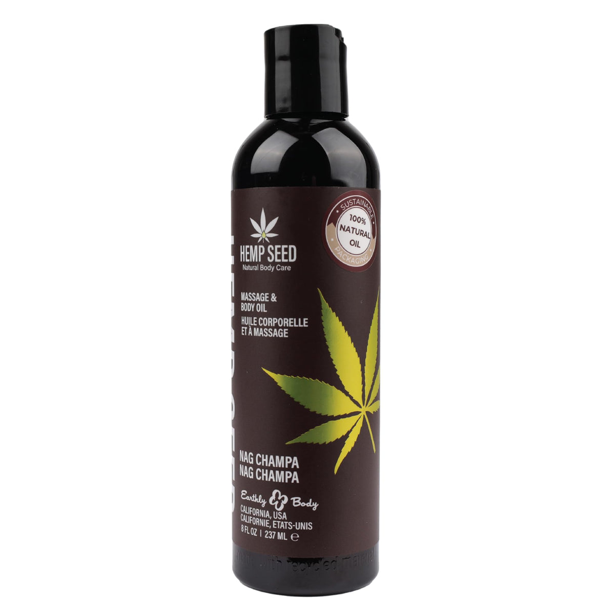 Earthly Body Hemp Seed Massage Oil bottle for a soothing, skin-nourishing massage.