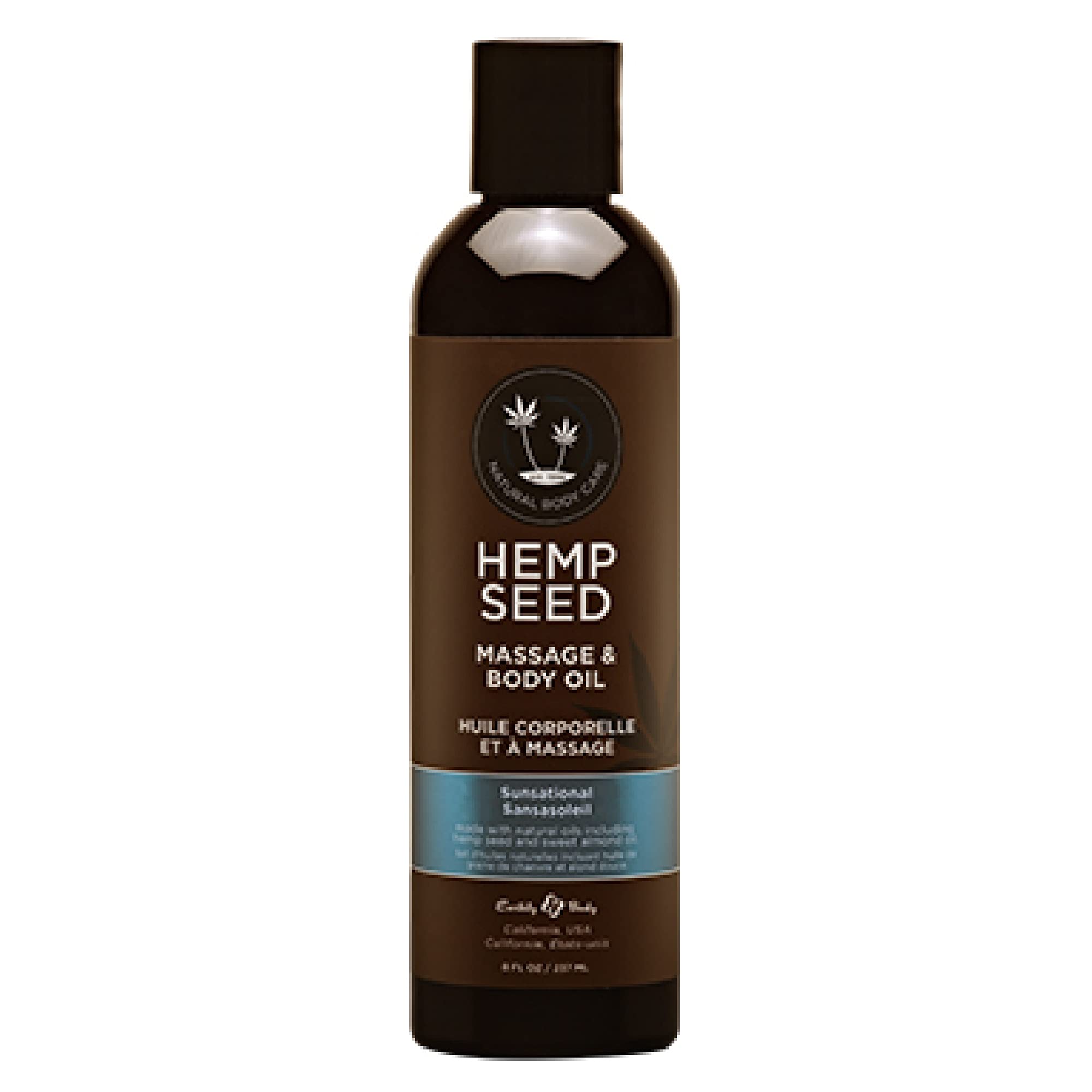 Earthly Body Hemp Seed Massage Oil bottle shows smooth absorption for silky skin