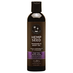 Earthly Body Hemp Seed Massage Oil bottle delivers smooth glide for relaxing massages.