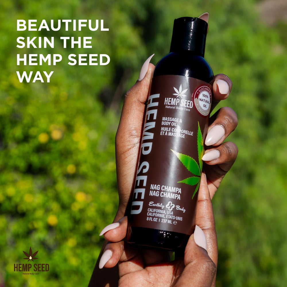 Earthly Body Hemp Seed Massage Oil for daily moisture.