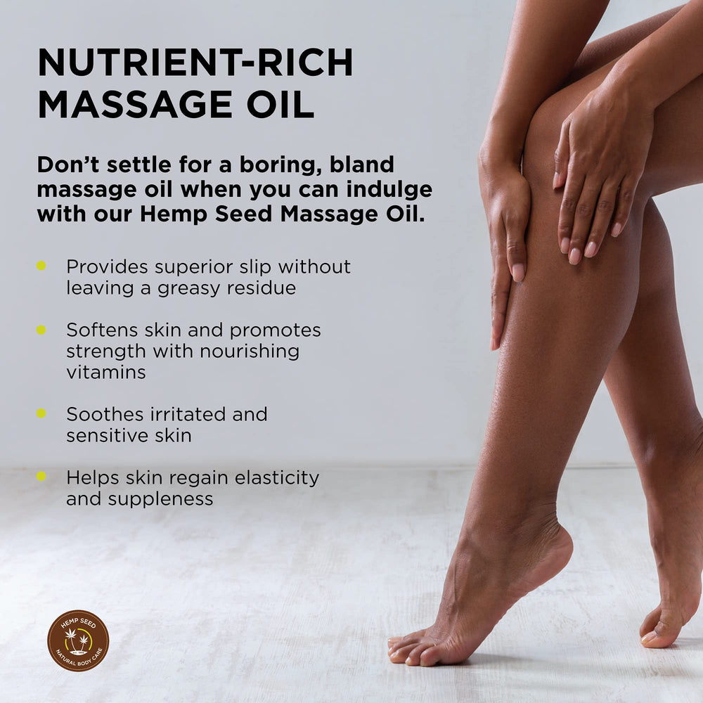 Earthly Body Hemp Seed Massage Oil label highlights vegan cruelty-free formula