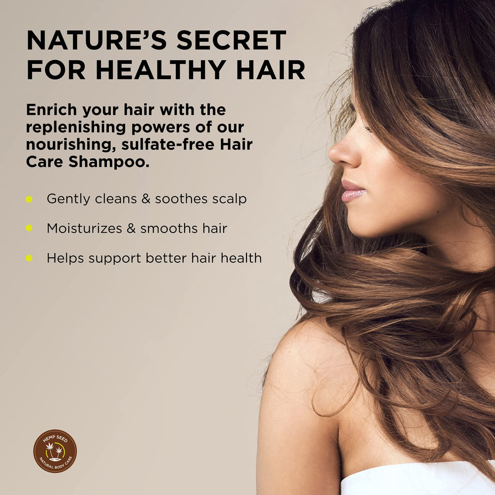 Earthly Body Hemp Seed Shampoo label Nag Champa highlights calming fragrance.