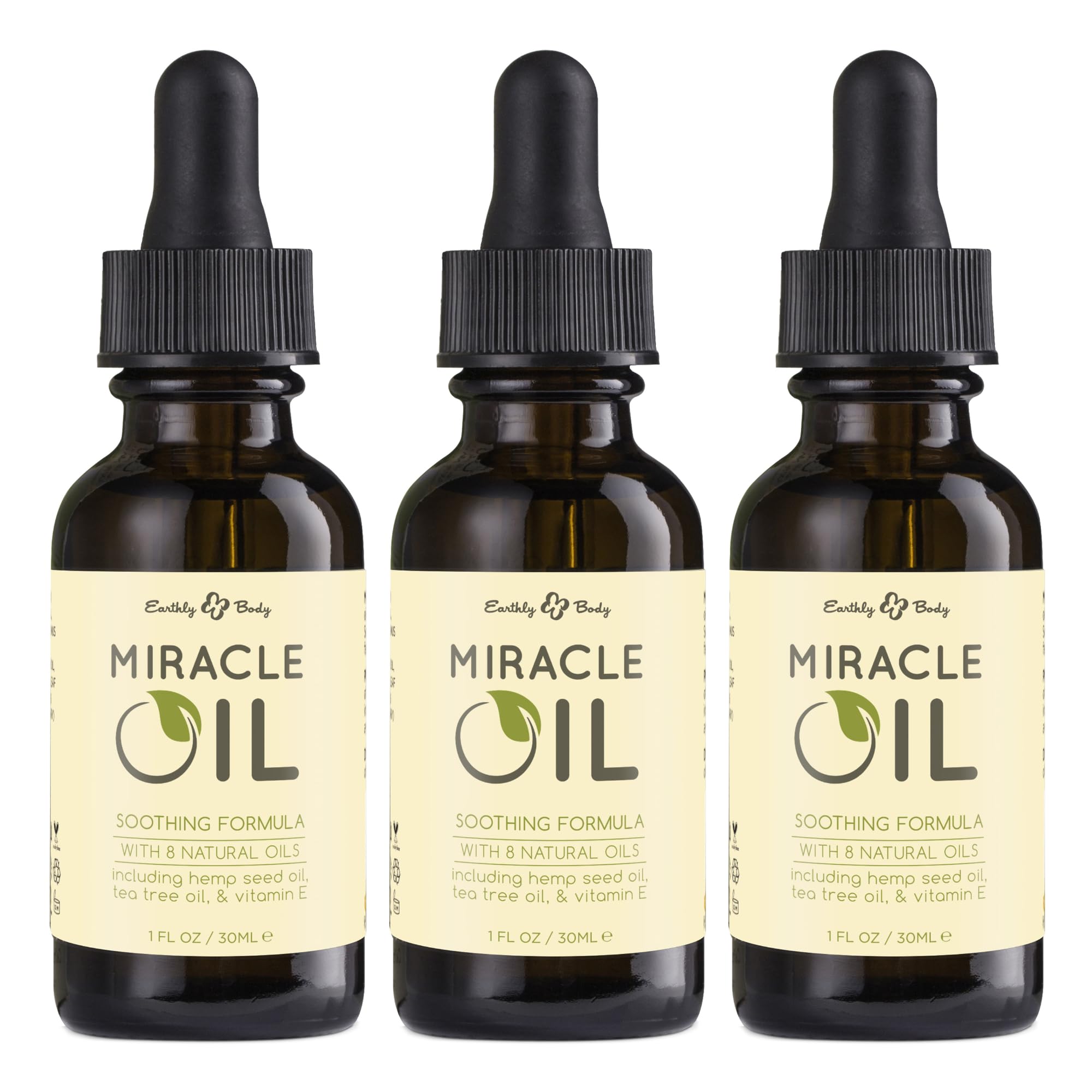 Earthly Body Miracle Oil bottle 1oz for daily skin hydration.