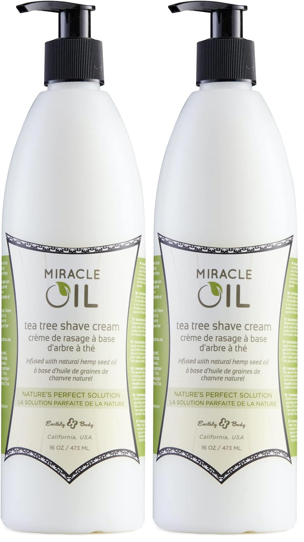 Earthly Body Miracle Oil Shave Cream pack-2 bottle-front for a smooth, hydrated shave.
