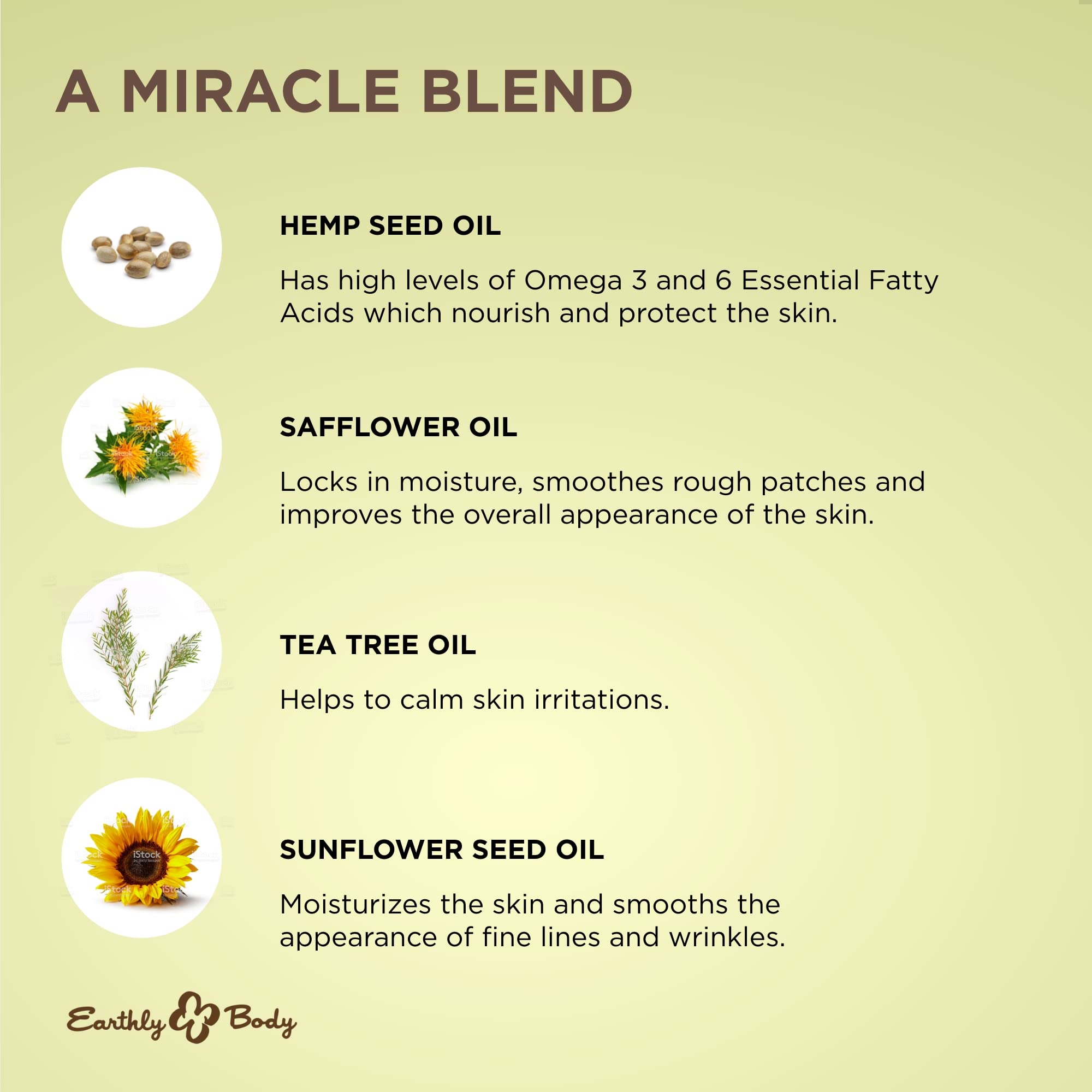 Earthly Body Miracle Oil Tea Tree Creme ingredients blend with tea tree and seed oils