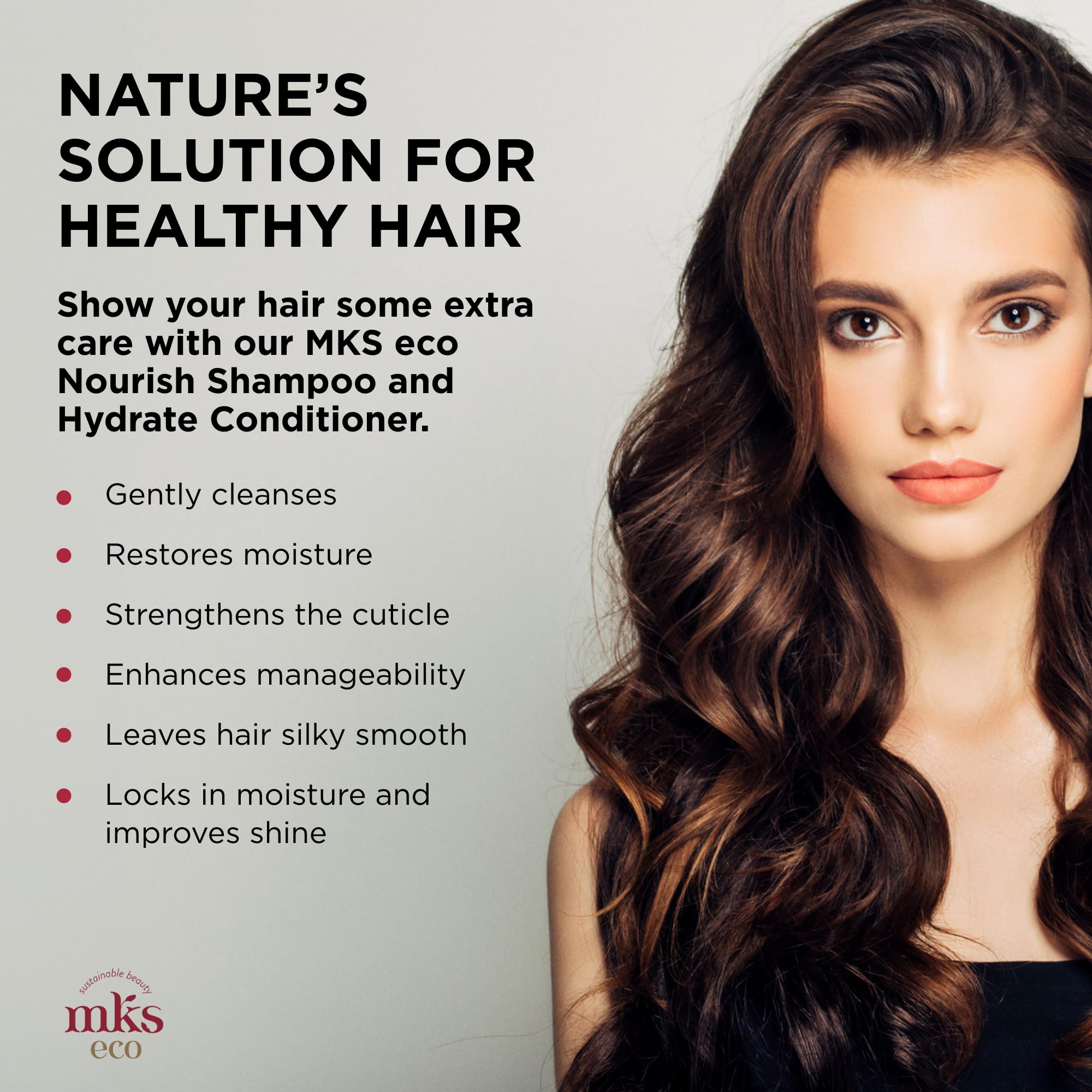 Earthly Body MKS eco Nourish Shampoo label highlights vegan, cruelty-free care.