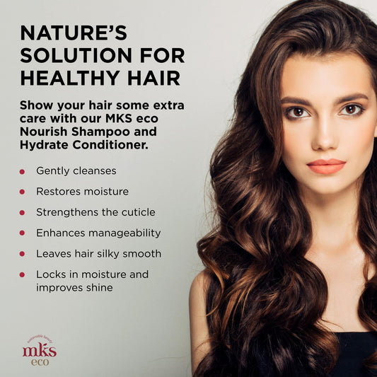 Earthly Body MKS eco Nourish Shampoo label highlights vegan, cruelty-free care.