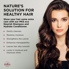 Earthly Body MKS eco Nourish Shampoo label highlights vegan, cruelty-free care.