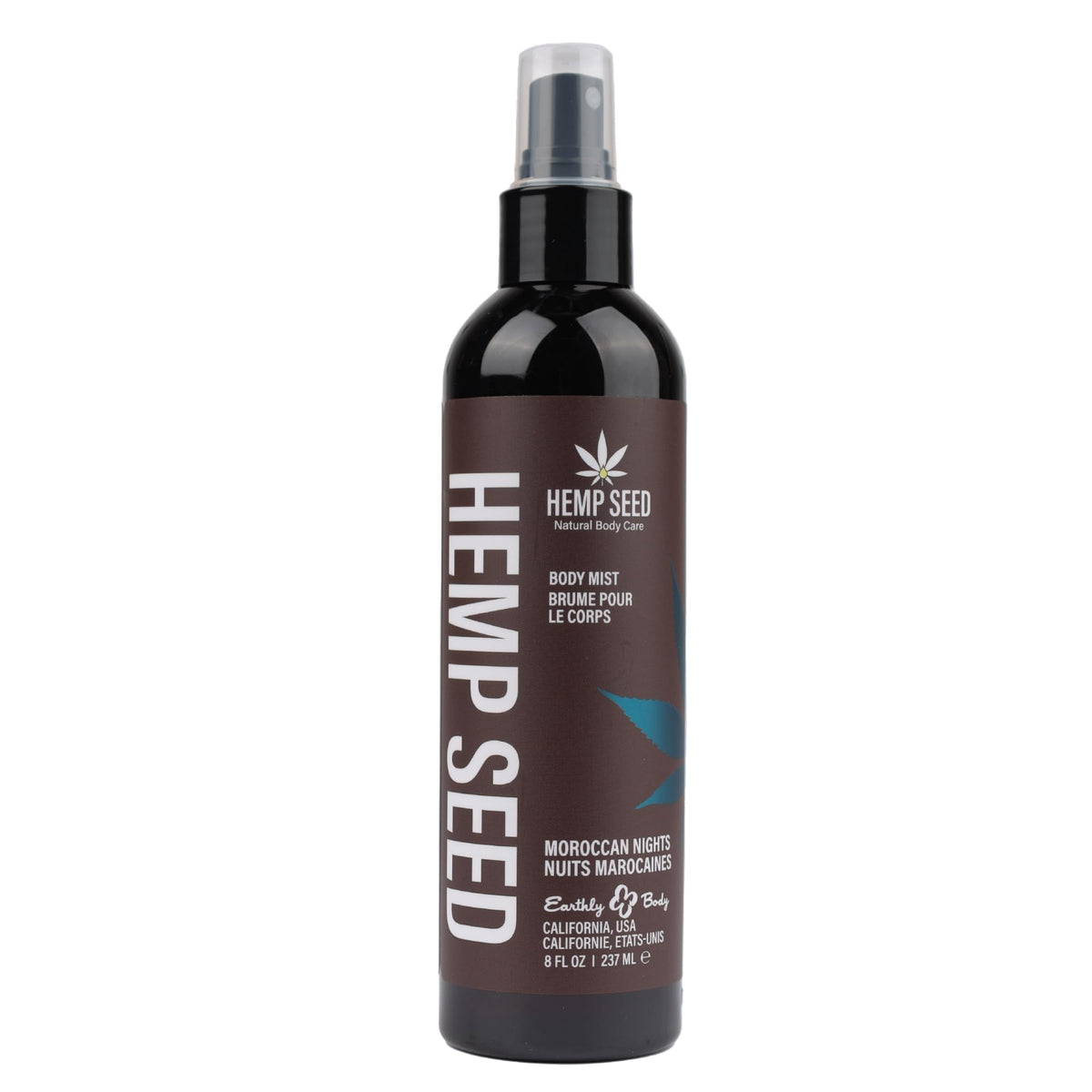 Earthly Body Moroccan Nights body mist bottle ready to spritz for skin hydration.