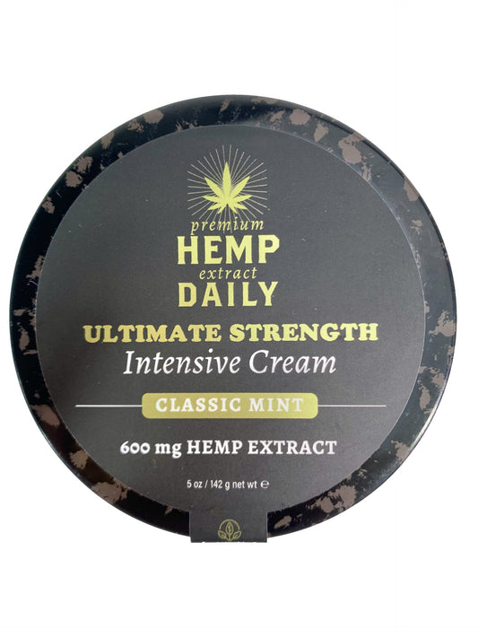 Earthly Body Premium Hemp Extract Daily Ultimate Cream menthol label closeup highlights botanical blend for gentle hydration