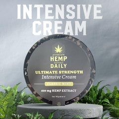 Earthly Body Premium Hemp Extract Daily Ultimate Cream menthol texture swatch shows lightweight, non-greasy finish