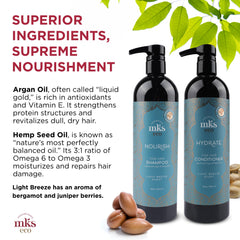 Earthly Body MKS eco Nourish Shampoo bottle highlights silky feel without weight.