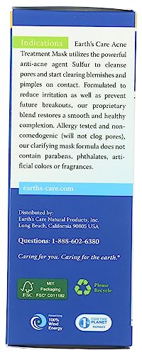 Earth's Care sulfur 5 percent mask label highlights ingredients and benefits.