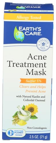 Earth's Care Acne Treatment Mask tube close-up highlighting sulfur formula for clear pores.