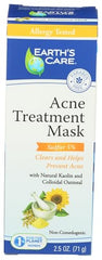 Earth's Care Acne Treatment Mask tube close-up highlighting sulfur formula for clear pores.