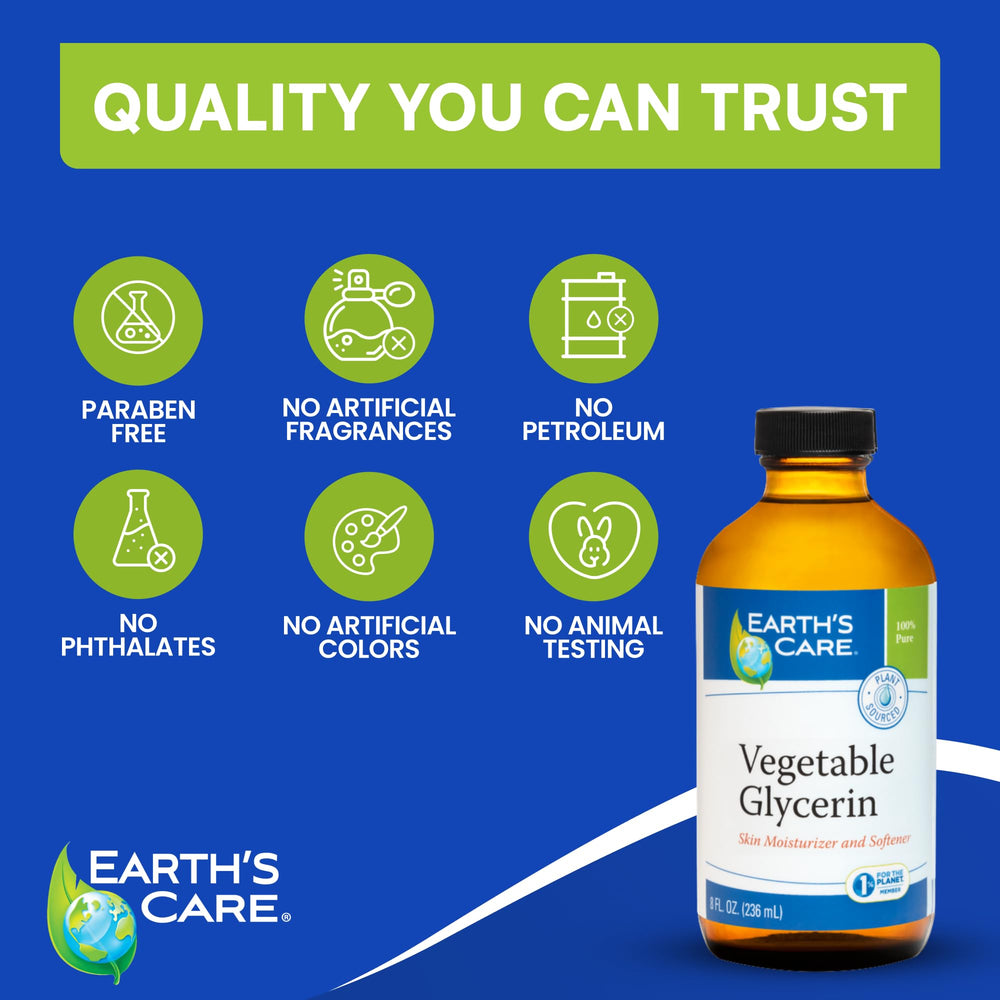 Earth's Care glycerin bottle-cap close-up showing pure USP-grade formula.