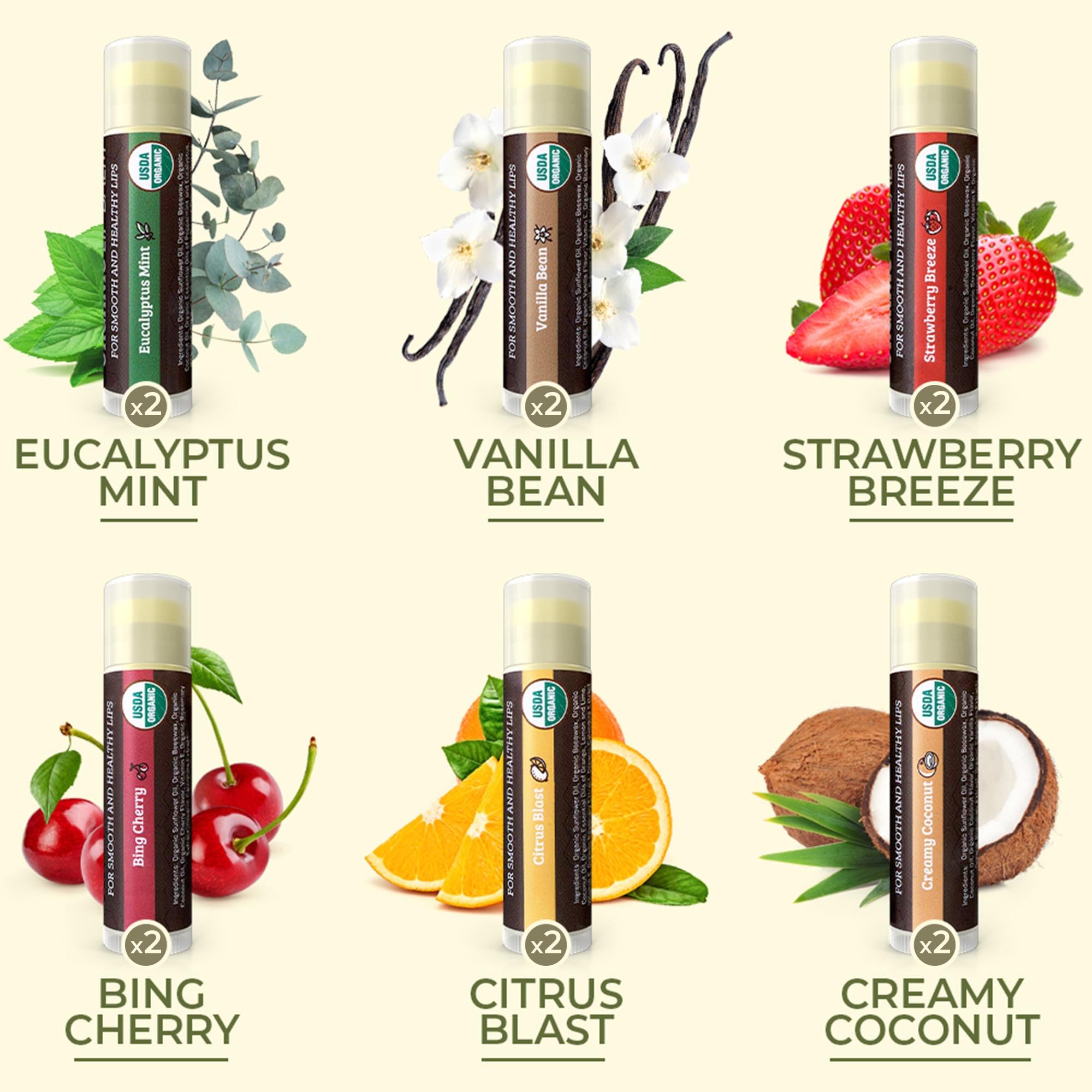 Earth's Daughter lip balm coconut cream 6-pack provides rich hydration with tropical coconut scent.