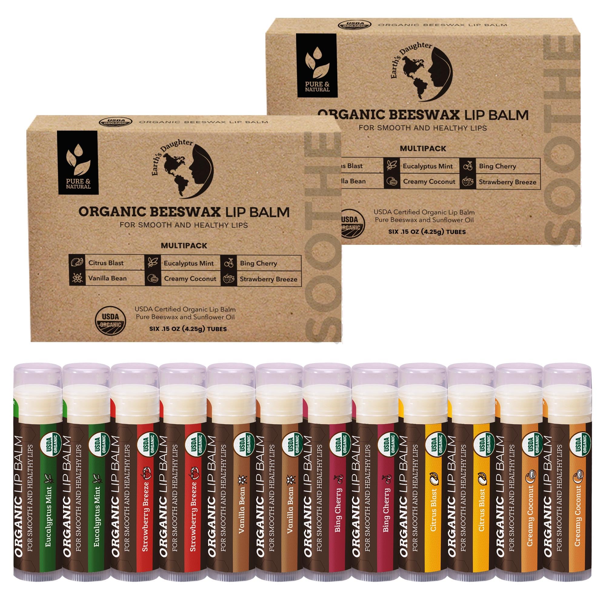 Earth's Daughter lip balm ingredients close-up showing beeswax and oils for smooth lips.