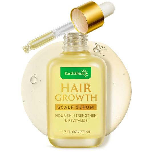EarthShine Hair Growth Serum bottle highlights rosemary-infused formula for a healthier-looking scalp.