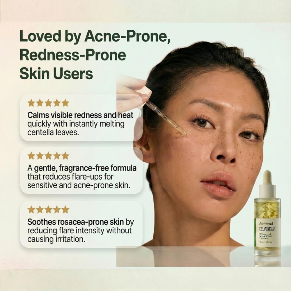 Earthward Centella Serum highlights hyaluronic acid and niacinamide for hydration support.