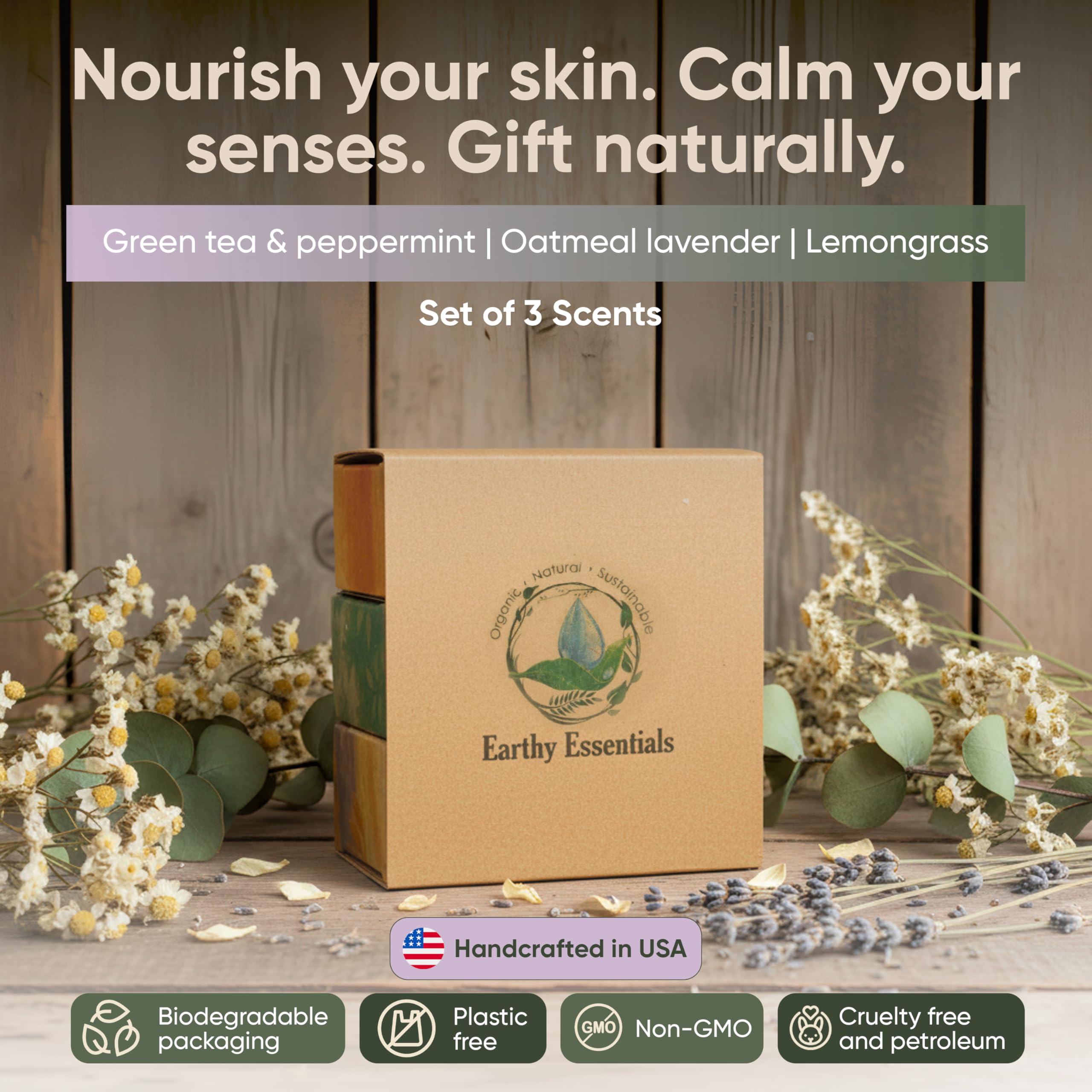 Earthy Essentials soap texture close-up emphasizes natural exfoliation and creamy lather