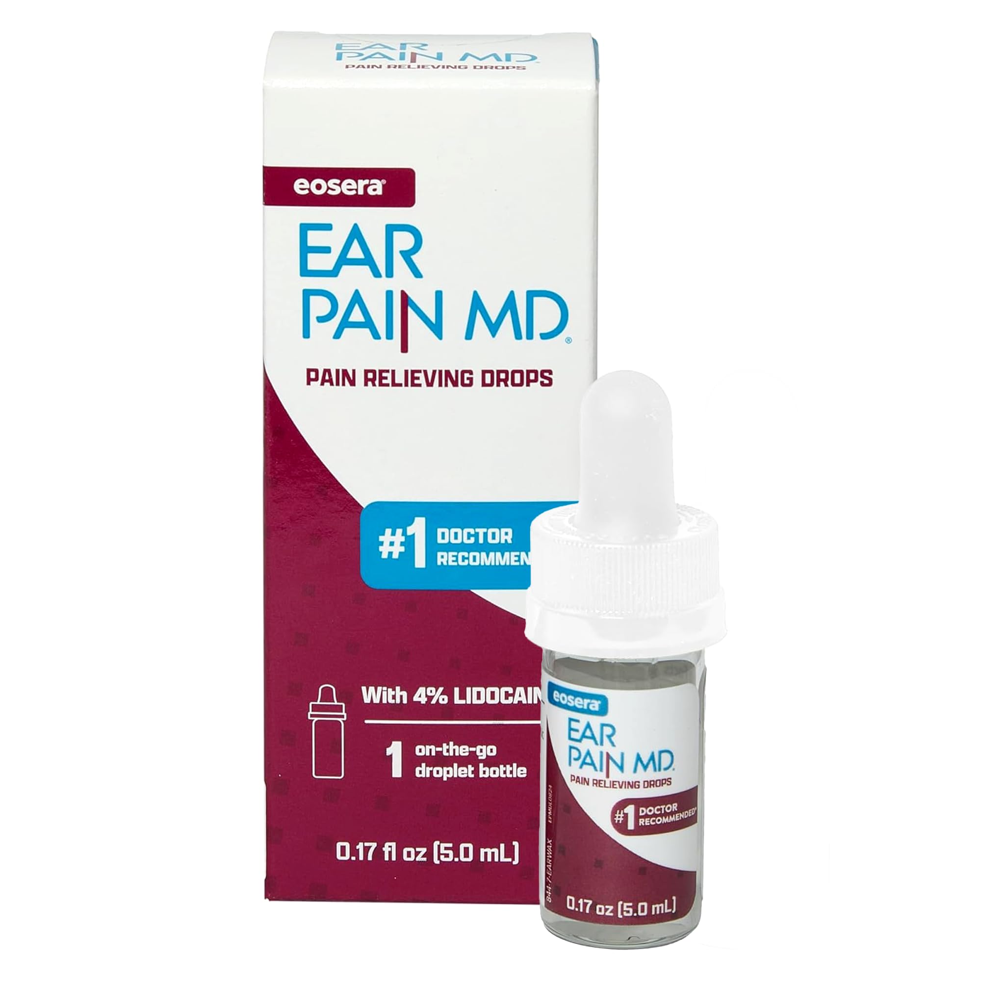Earwax MD Eosera Ear Pain MD bottle being poured for fast relief