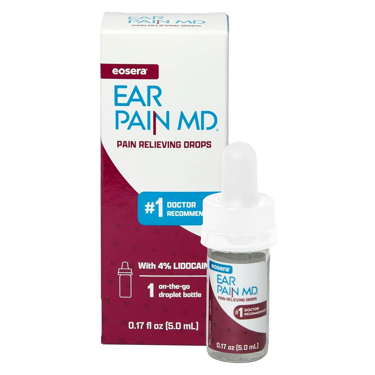 Earwax MD Eosera Ear Pain MD bottle being poured for fast relief