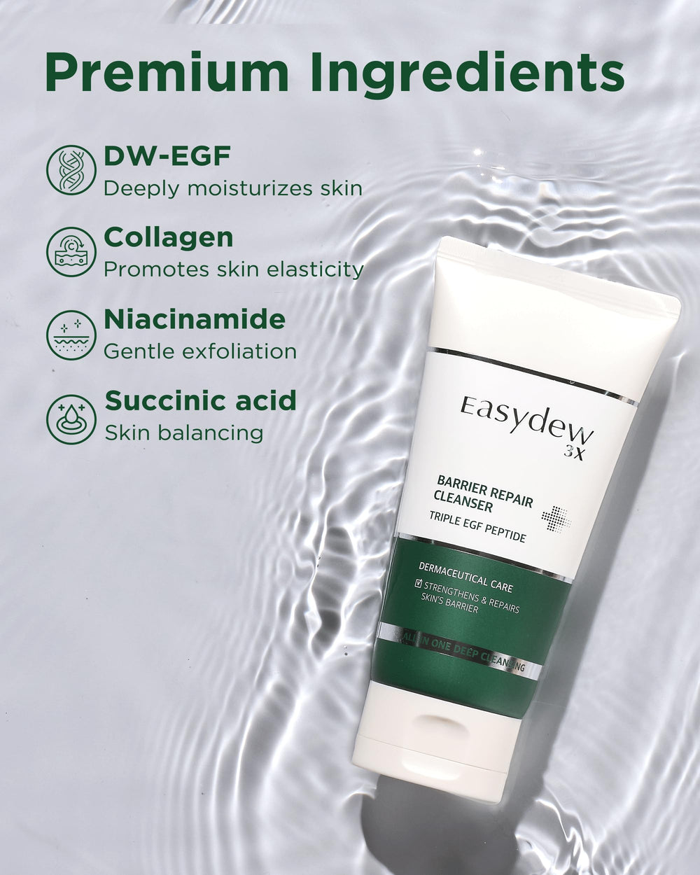 Hydration-focused EASYDEW cleanser with hyaluronic acid for moisturized skin