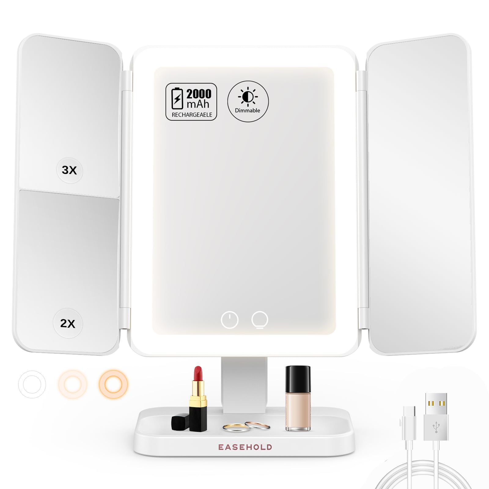 Easehold makeup mirror showing 64-LED panel for even, soft lighting on the face.