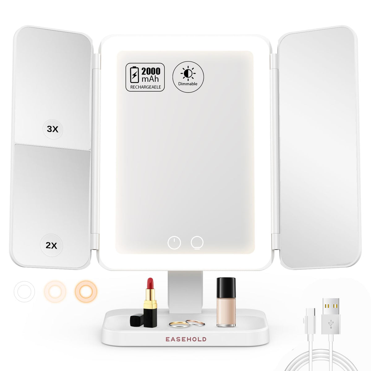 Easehold makeup mirror showing 64-LED panel for even, soft lighting on the face.