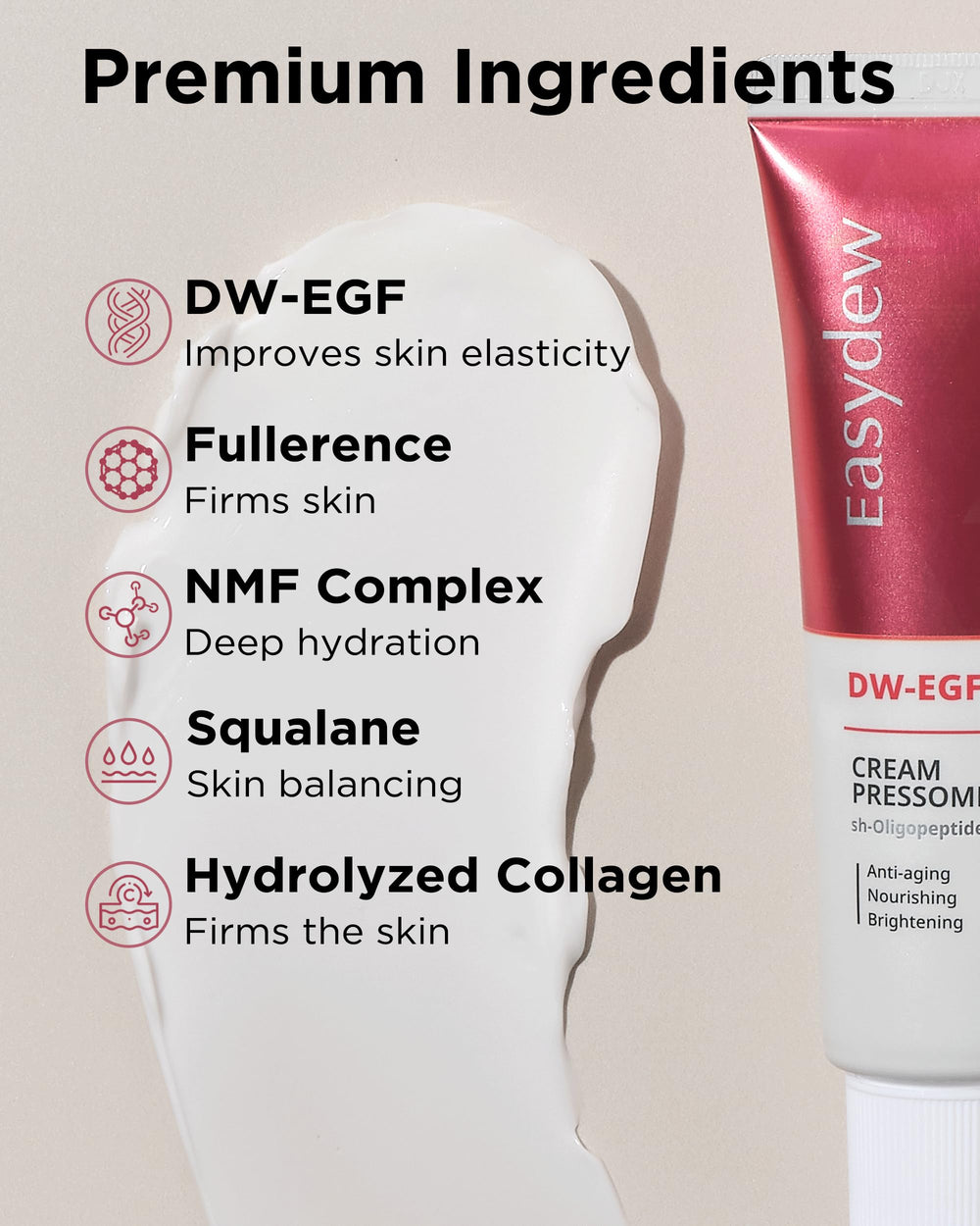 EASYDEW DW-EGF Pressome cream texture swatch demonstrates smooth absorption